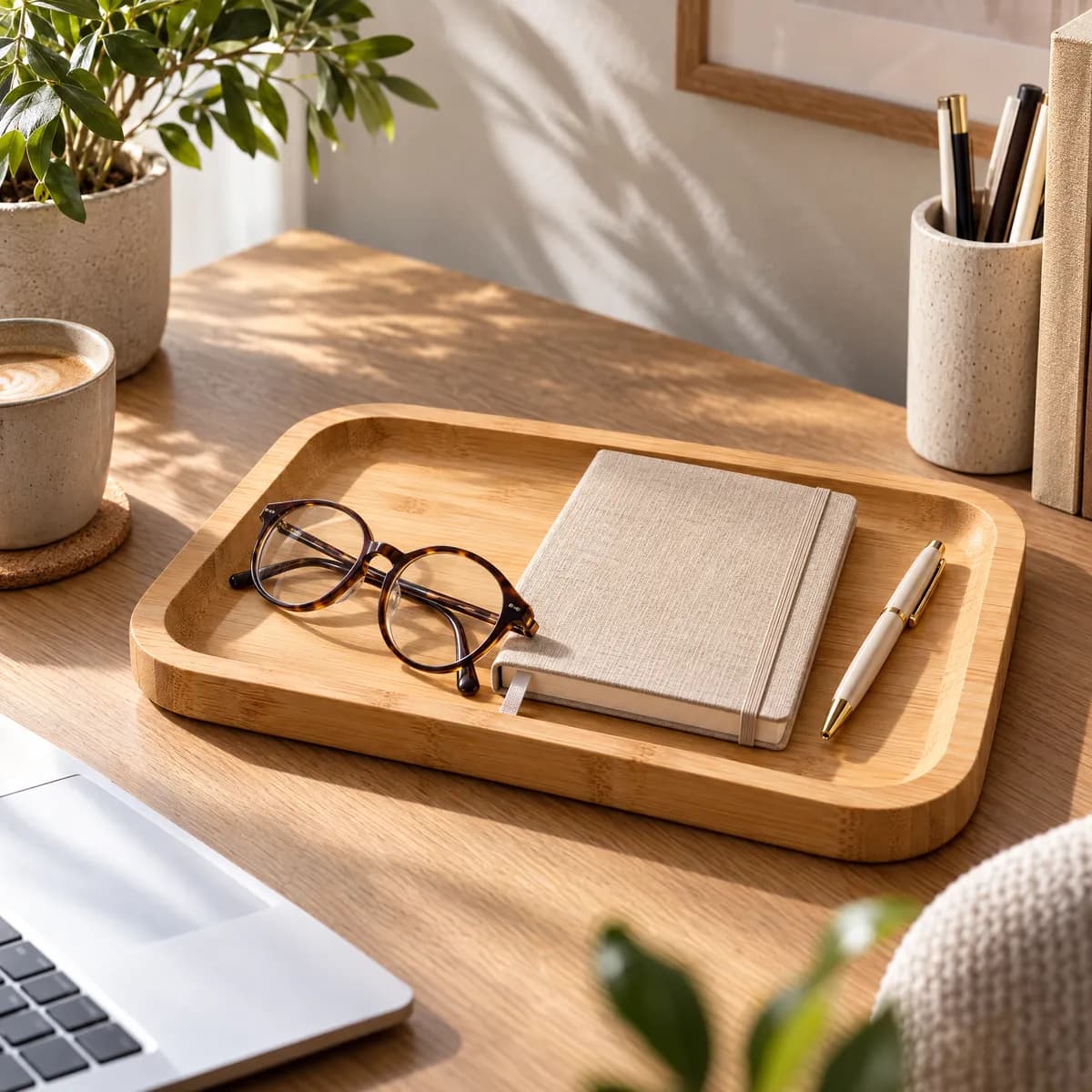 Bamboo tray with glasses, notebook and pen on a desk, square 1:1 ad