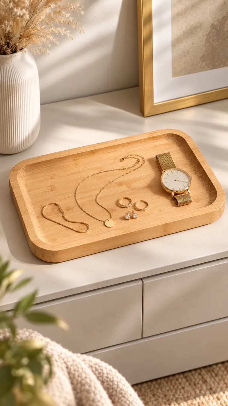 Bamboo tray holding gold jewelry and a watch on a light dresser, vertical 9:16 ad