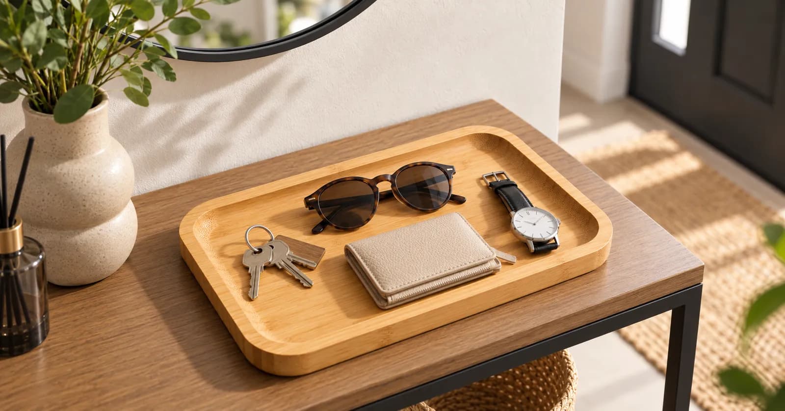Bamboo tray with keys, sunglasses and wallet on an entryway console, landscape 1.91:1 ad