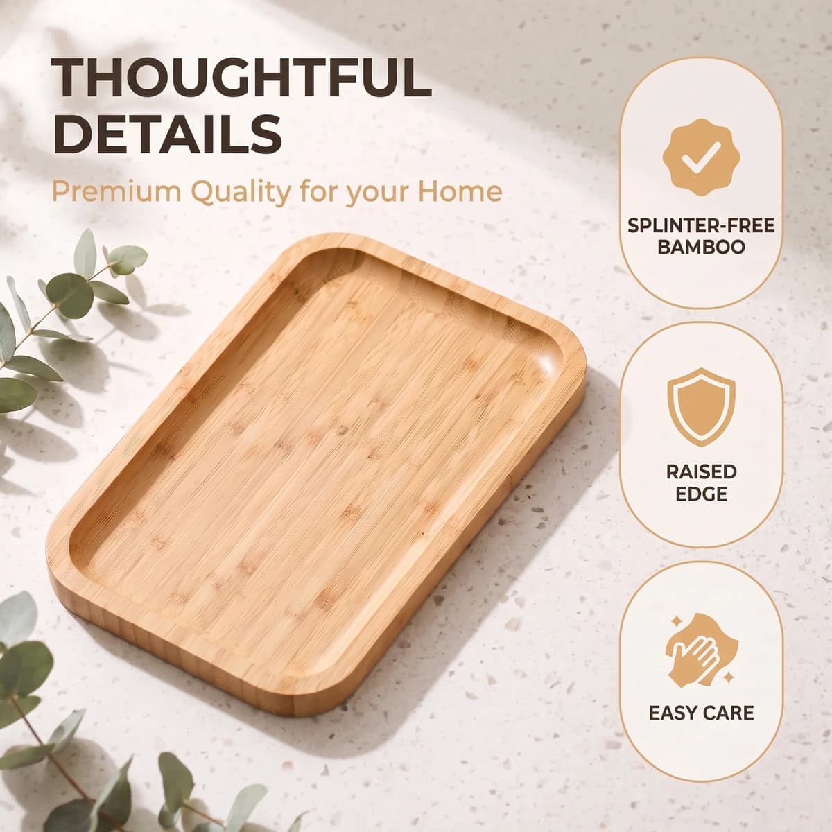 Feature graphic for a bamboo tray with three product properties
