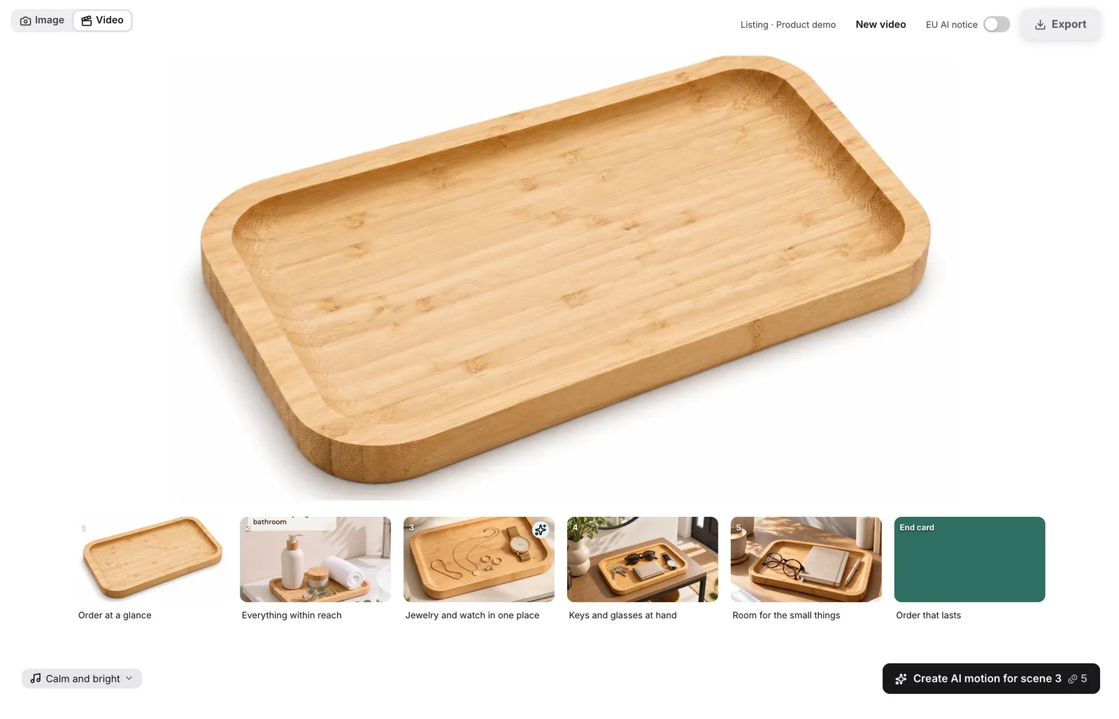 SellerVisuals video view: storyboard with five scene images of a bamboo tray, text per scene and an end card