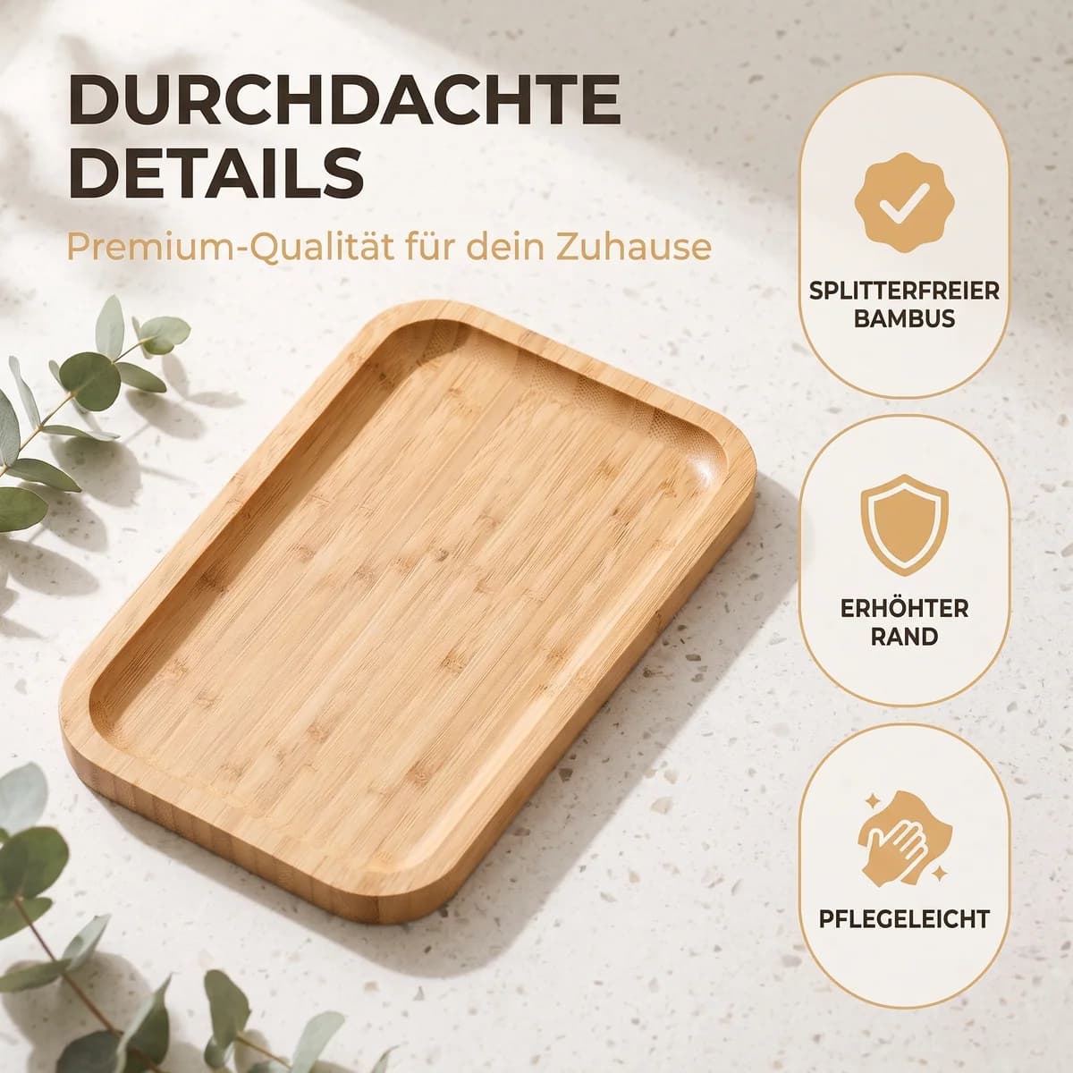 Feature graphic for a bamboo tray with three product properties