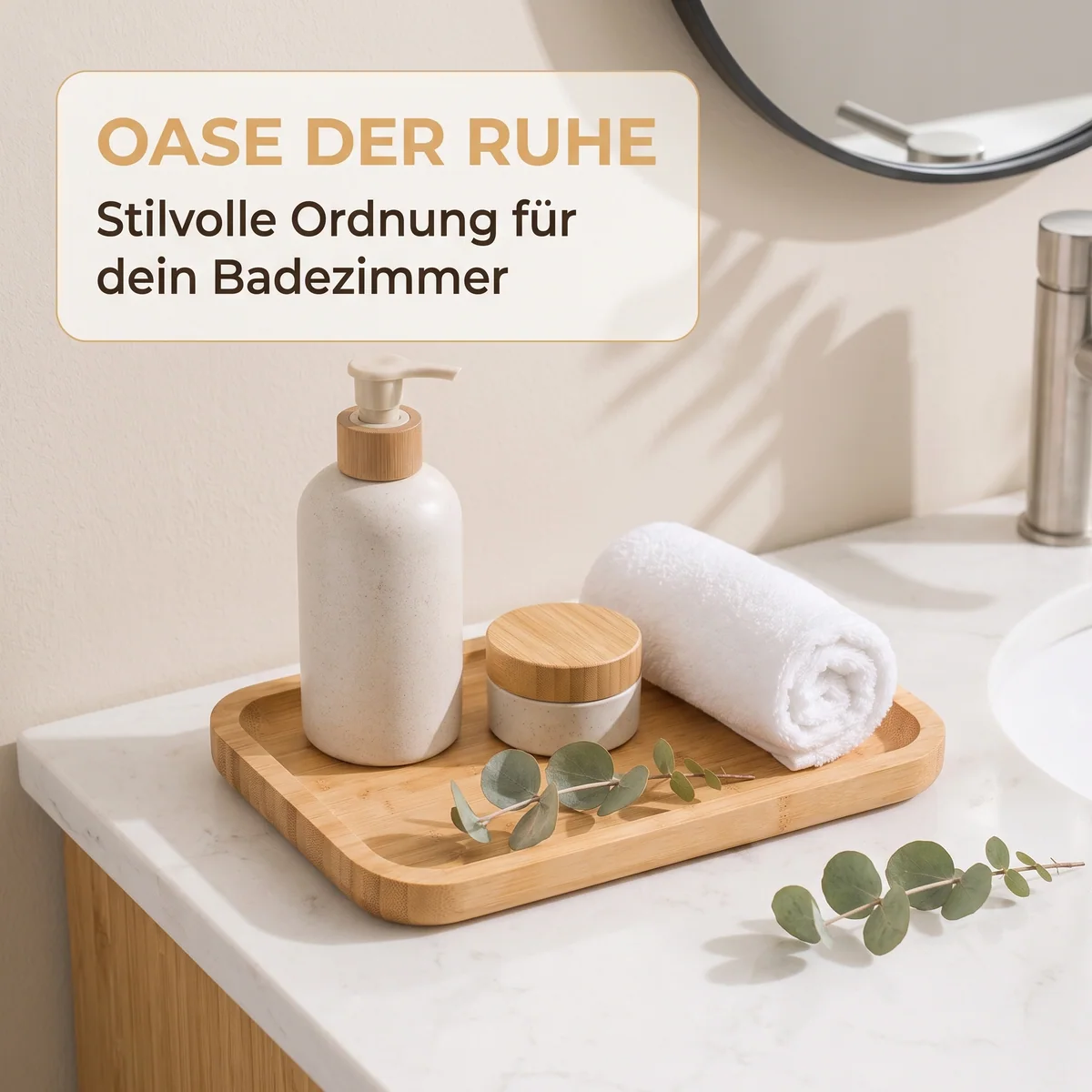 Bamboo tray with bathroom accessories in a bright lifestyle scene